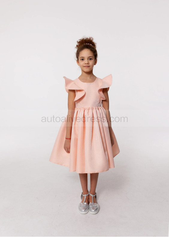 Flutter Sleeves Satin Tea Length Flower Girl Dress